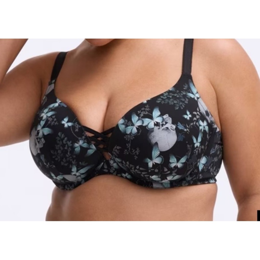 Nightfall by Torrid 38G XO Plunge Push-Up Smooth Bra Monarch Butterfly Skulls